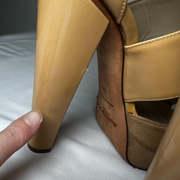 Jimmy Choo Fiery Patent Platform Ankle Strap Heel Sandals Beige EU 38 US 8 Luxe - Picture 13 of 16